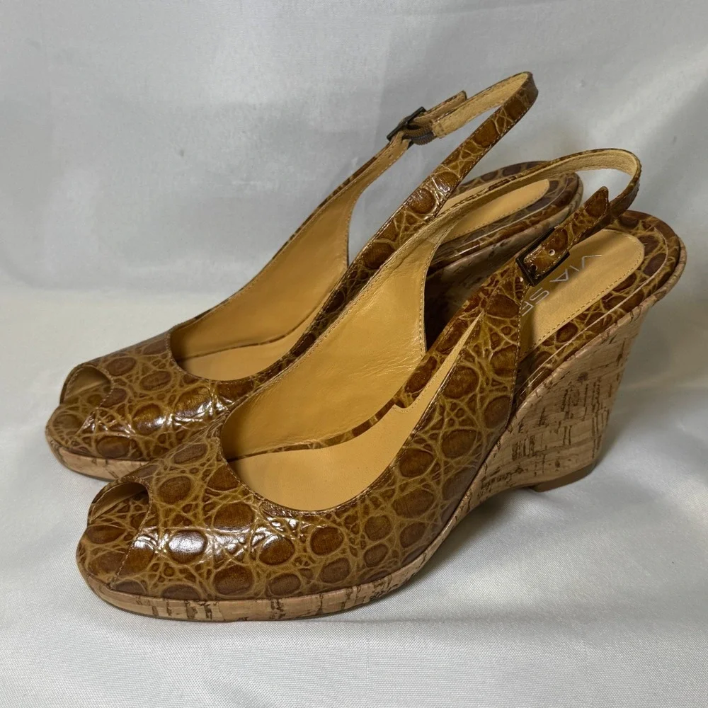 Via Spiga Brown Croc Embossed Leather Cork‎ Wedge Slingback Peep Toe Heels 9M